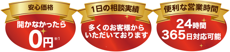 安心の低料金!開かなかったら0円、1日の相談実績多数いただいております、便利な24時間365日営業